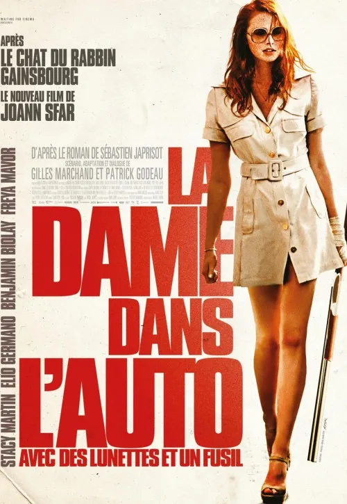 Plakat: La dame dans l'auto avec des lunettes et un fusil